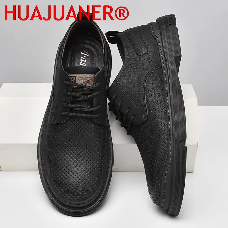2026 Newly Men's Summer Oxford Shoes Genuine Leather Soft Man Casual Lace-up Solid Cutout Shoes Cowhide Formal Summer Oxfords