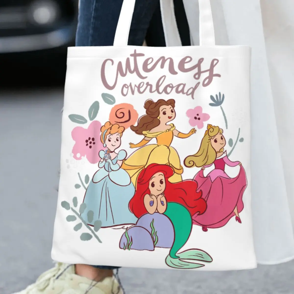 

Princess Cuteness Overload Cinderella Belle Ariel Shopper Bag Shopping Bags Student Work Cloth Tote Bag Retro Graphic Handbags