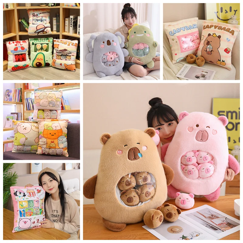 

A Plushie Bag Pudding Toys Kawaii Puff Balls Mini Capybara Pig Bunny Animals Doll Pilllow Fruits Avocado Banana Candy Bag Gift