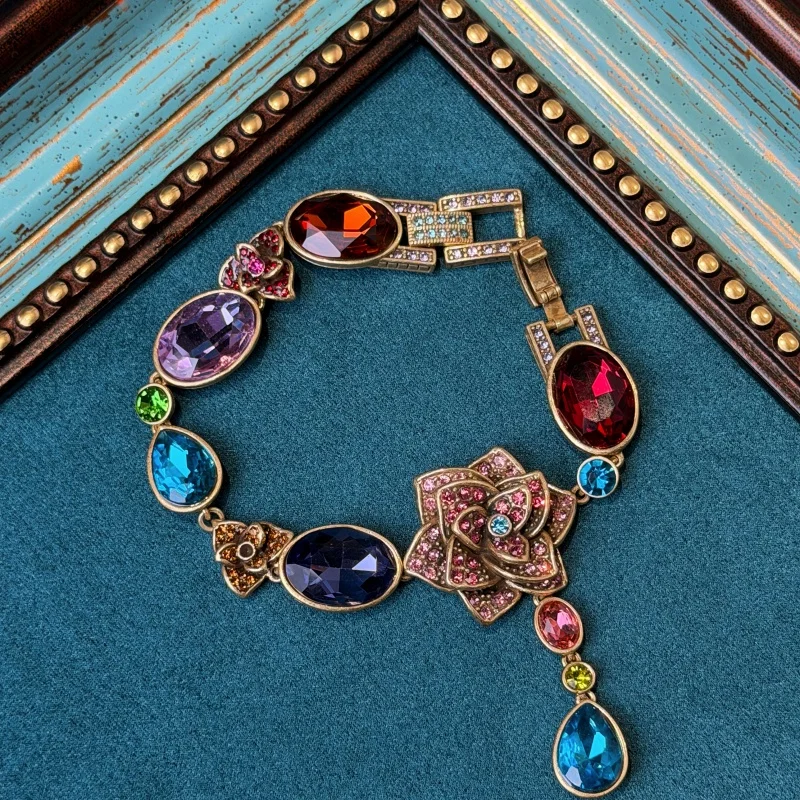 Vintage Colorful Zircon Crystal Camellia Jewelry Set Necklace Bracelet Luxury High Quality Brand Party Designers Gift For Women