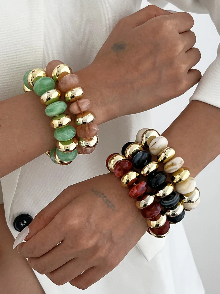 Resin CCB Mosaic Trendy Bracelet Set Versatile Wide Bracelet Hand Chain Jewelry Accessories Mixed Material Fashionable Handwear