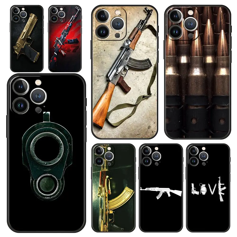 Luxury Phone Case For iPhone 15 14 11 Pro Max 13 12 XS X XR SE3 7 8 Plus AK47 Handgun Gun BUllets Cover Protect Funda