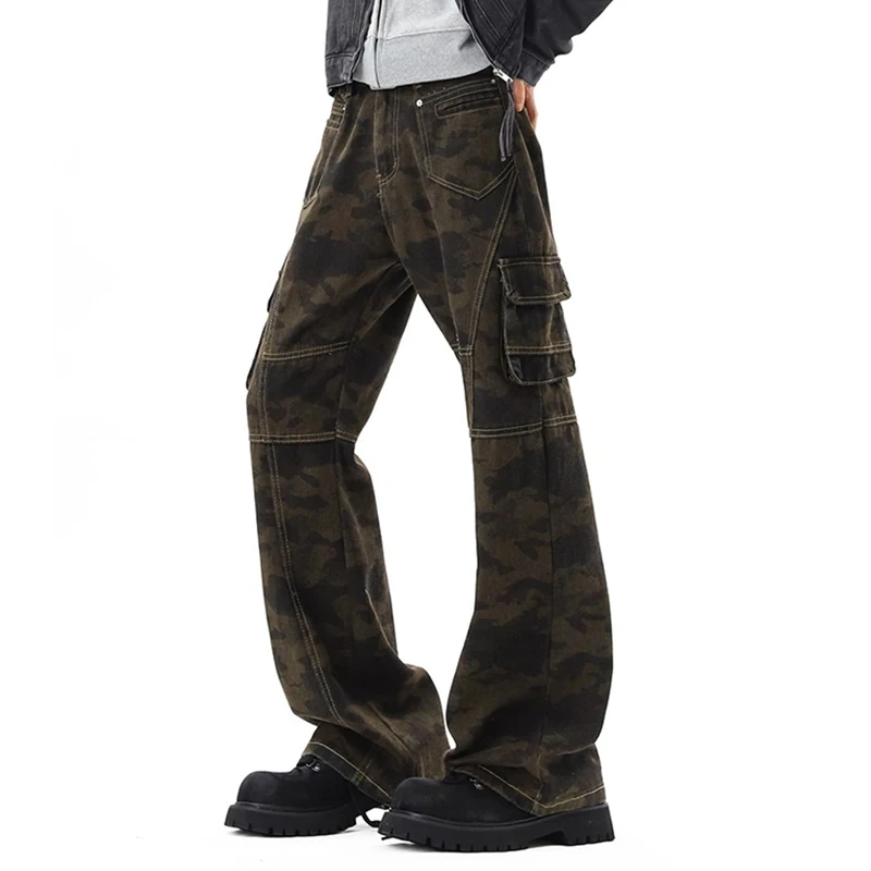 Vintage Camouflage Large Pocket Men Denim Trousers High Street Versatile Slim Fit Straight Leg Bootcut Jeans Male Cargo Pants