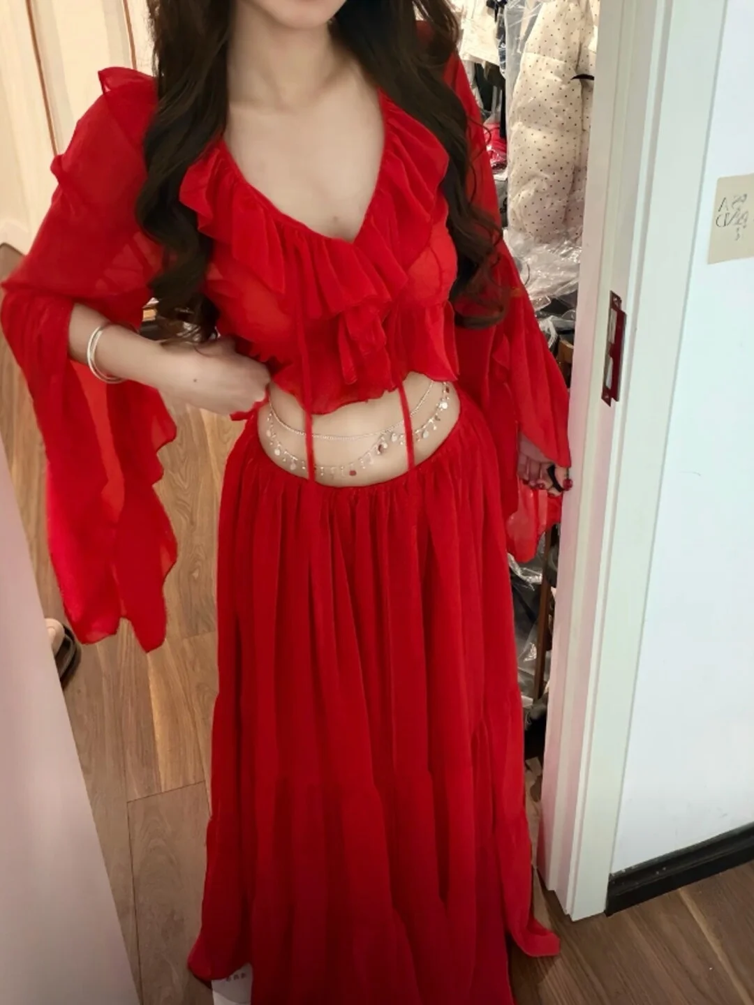 

Red Gentle Style Two-Piece Set Top And Half Skirt Spring 2026 Fashion Women's Clothing Comfortable Long Sleeve T-Shirt