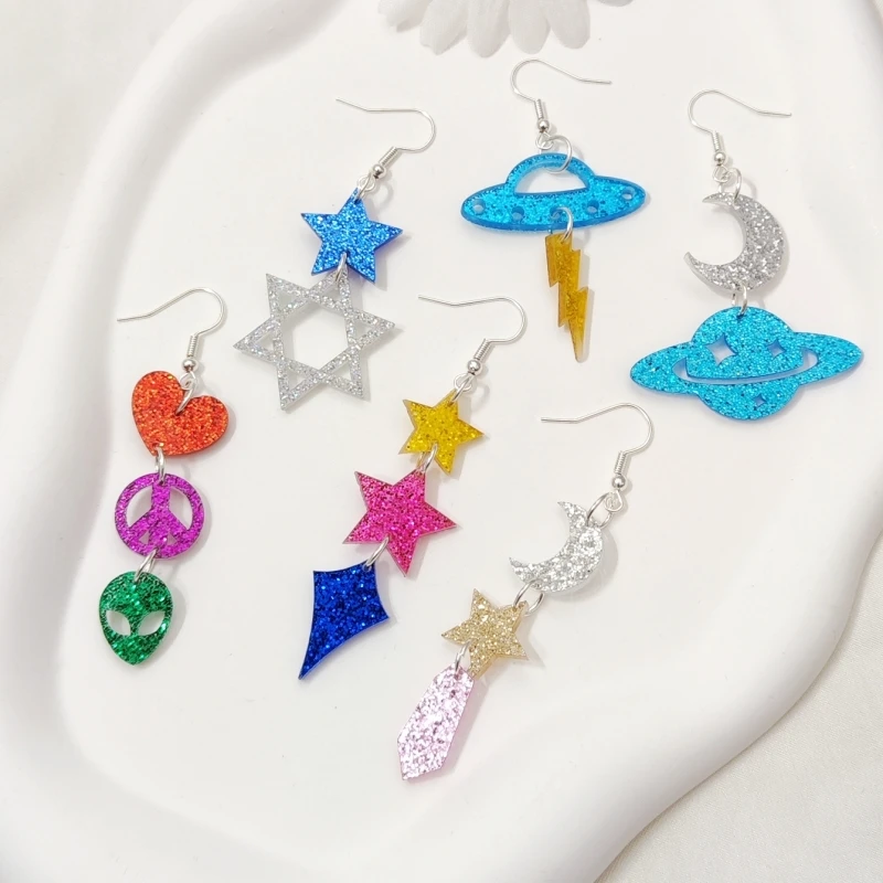 KUGUYS Lovely Glitter Earrings For Women Acrylic Star Moon UFO ET Music Art Festival Jewelry