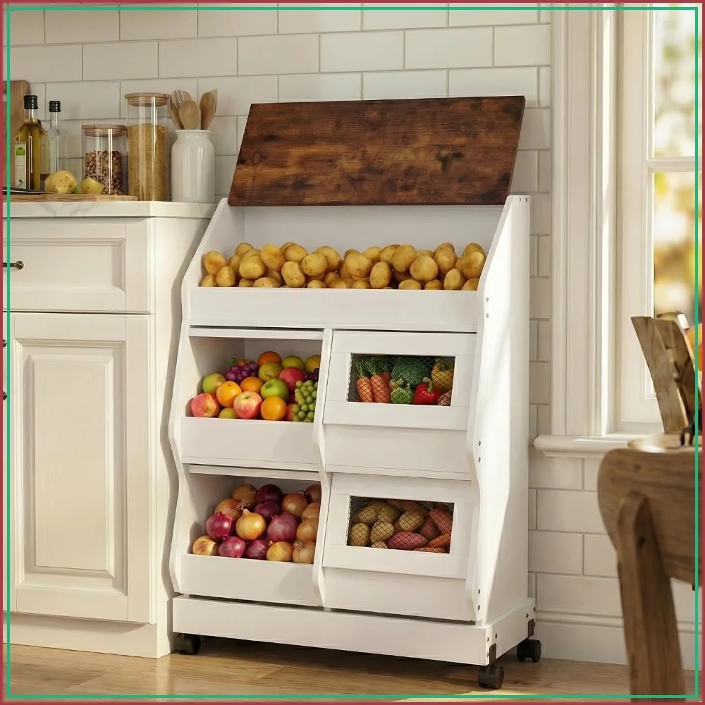 Potato and Onion Storage Bin with Wheels for Kitchen, Rolling Vegetable Basket Holder