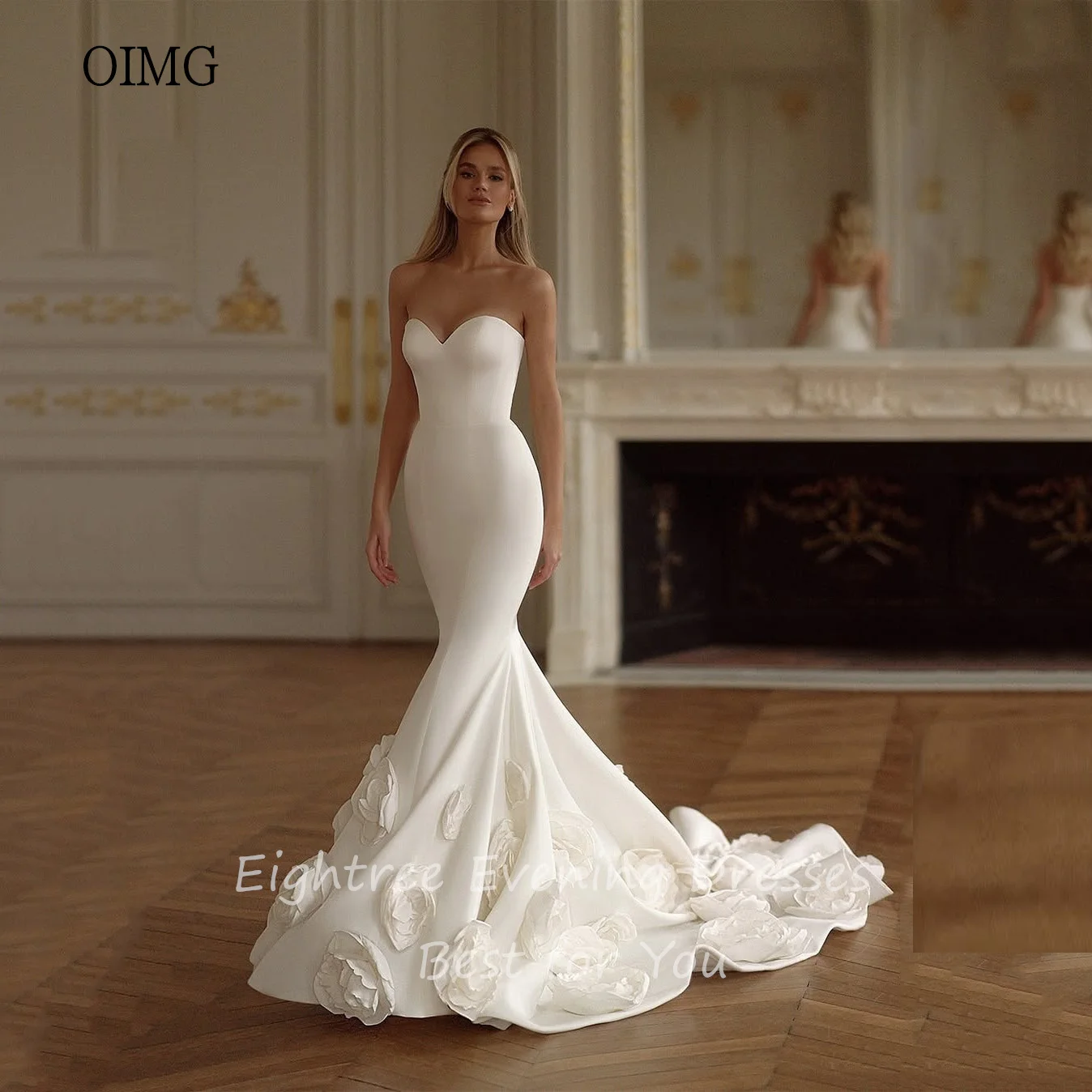 OIMG-Robe de mariée sirène à manches fleuries, robes de mariée à col en cœur, longueur au sol avec grande queue, mariage, tout ce qui est personnalisé