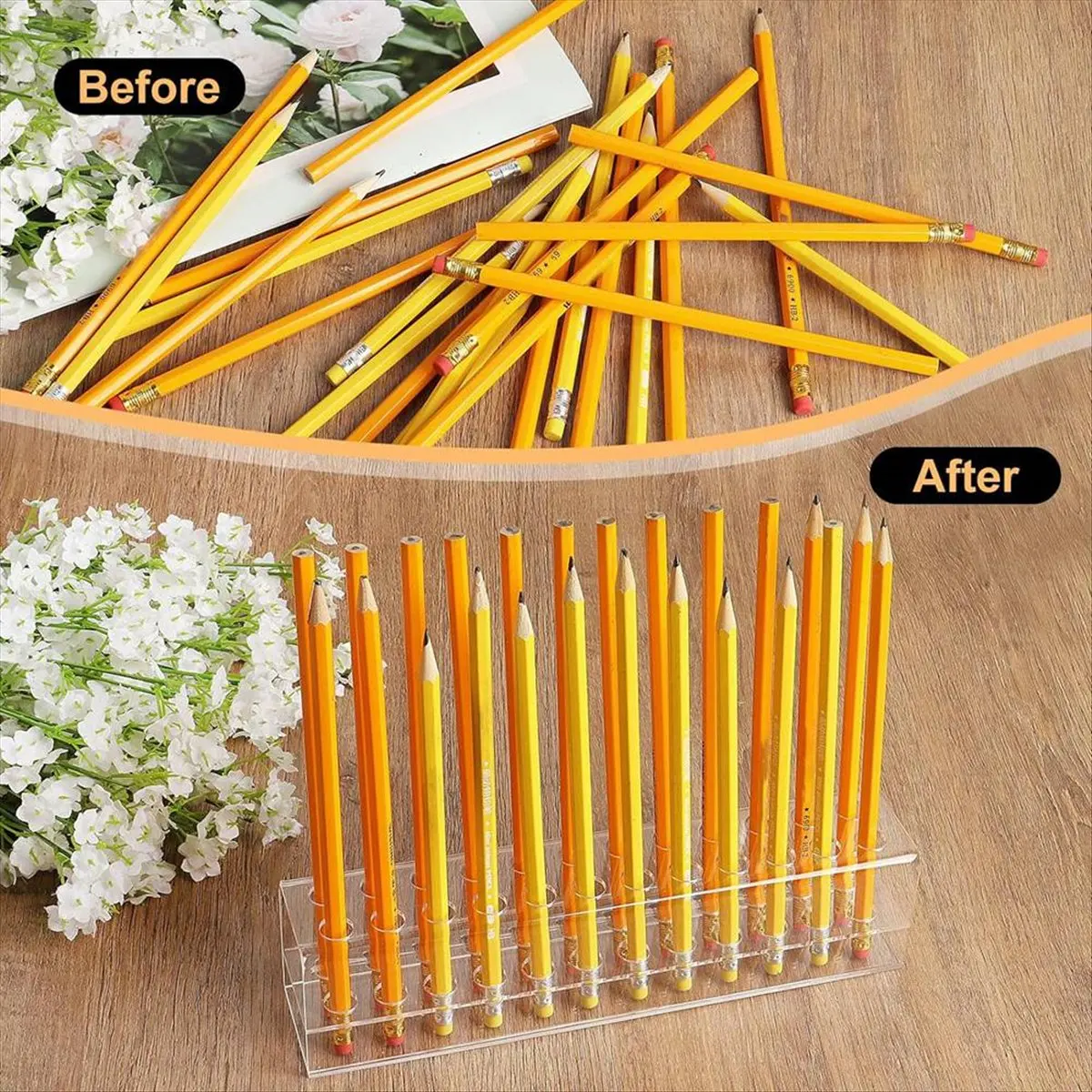 AT16 Acrylic Pen Holder, 24-Slots Pen Display Stand Clear Pen Holder Pencil Display Stand Eyebrow Pen Stand Art Brush Rack