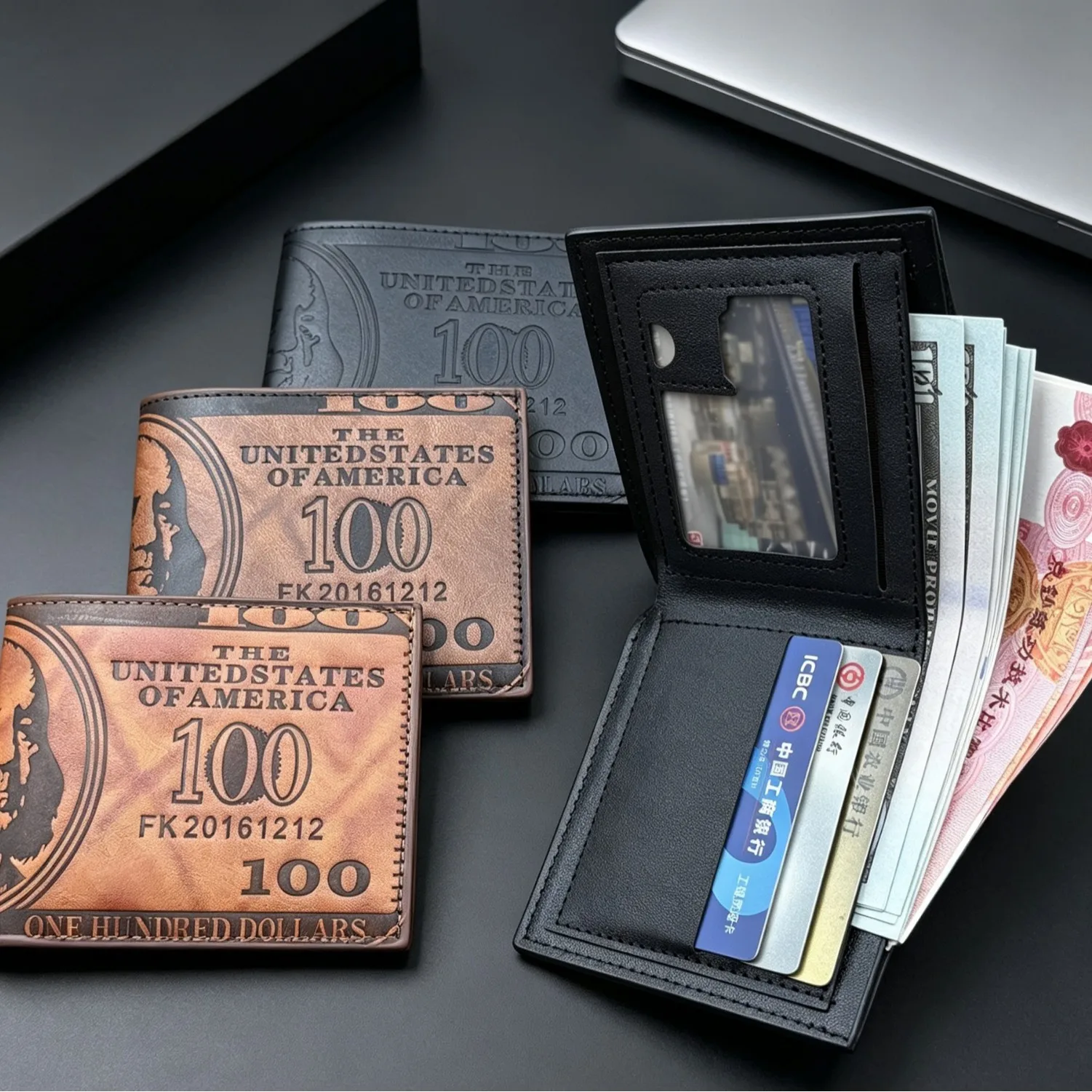 Men Vintage Printed Bifold Wallet with 100 US Dollar Pattern PU Leather Male Card Holder Gift Retro Short Billfold Pocket Purse