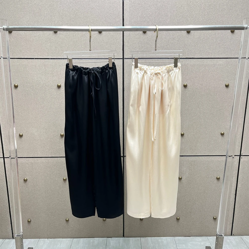 Women Satin Wide Leg Pants High Waist Drawstring Trousers Silk Like Casual Loose Palazzo Pants 2 Colors New Summer 2026 Y2K