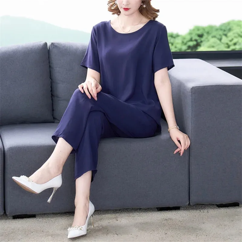 جديد عادية بلون قصيرة الأكمام الكاحل طول السراويل 2 قطعة مجموعة منتصف العمر الأم الزي القطن الحرير دعوى الصيف المرأة مجموعات #2