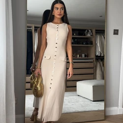 Summer Knitted Long Dress Women Elegant O-Neck Sleeveless Slim Holiday Dresses Fashion Button Casual Basic Dress 2024 Apricot