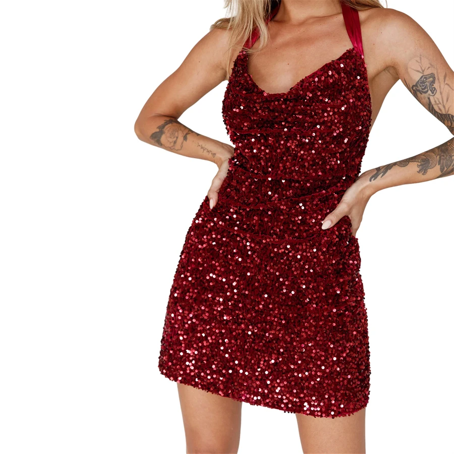 Women's Glitter Sequins Halter Dress Sexy Backless Sleeveless V Neck Wrap Mini Dress Night Clubbig Party Sparkly Vestidos