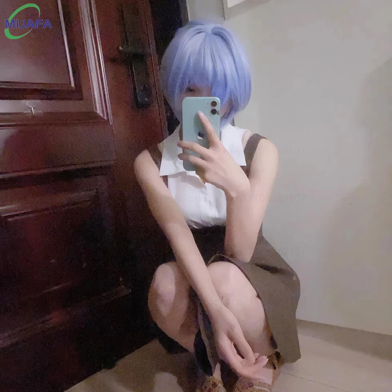 عالية الجودة Ayanami ري شعر مستعار تأثيري 30 سنتيمتر قصيرة الأزرق فروة الرأس مقاومة للحرارة الاصطناعية الشعر هالوين حفلة إيفا أنيمي الباروكات + غطاء شعر مستعار #4