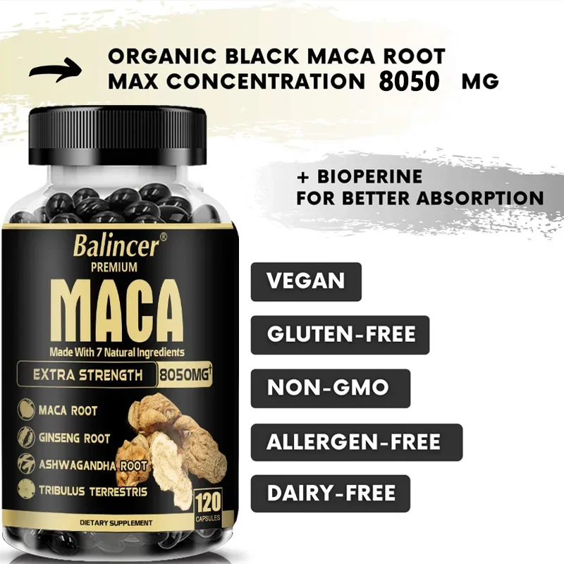 Organic Maca Root Capsules - with Ginseng Ashwagandha   - Muscle Mass, Endurance and Performance