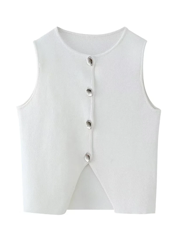 

KAOPU ZA Women front vent plain knit cropped vest top vintage o-neck sleeveless button-up female waistcoat chic tops