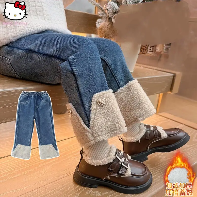 

Girls New Product Kawaii Warm Jeans Anime Autumn Winter Cartoon Thickened Wide Leg Pants Children's Fashion Winter Straight Pant