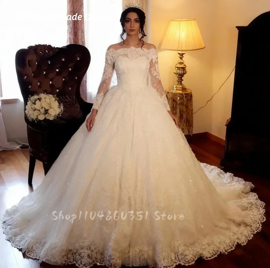 

Princess Wedding Dress Lace Long Sleeves Off-Shoulder Ball Gown Ivory Bride Dresses Court Train Customized Robe De Mariee