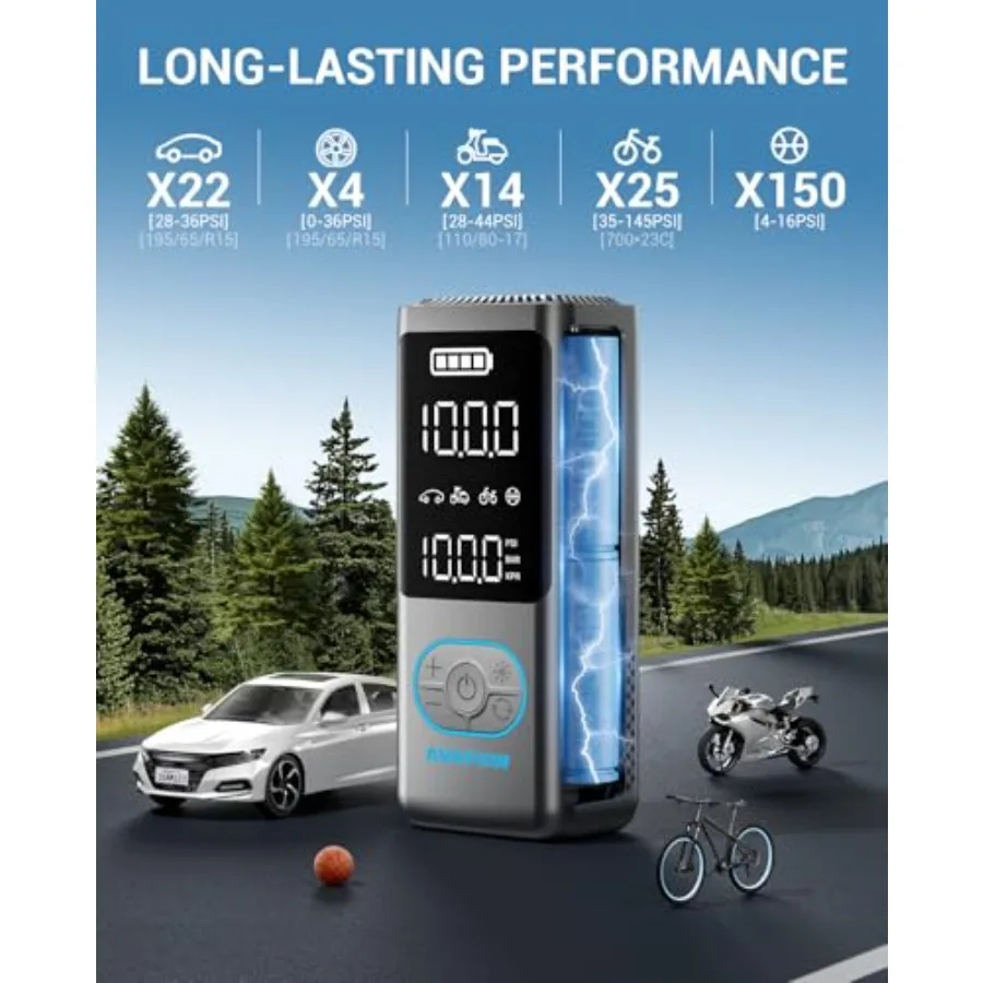 منفاخ إطارات محمول مع ضاغط هواء لاسلكي 150 رطل لكل بوصة مربعة ومقياس ضغط مدمج لتضخم إطارات السيارة في حالات الطوارئ
