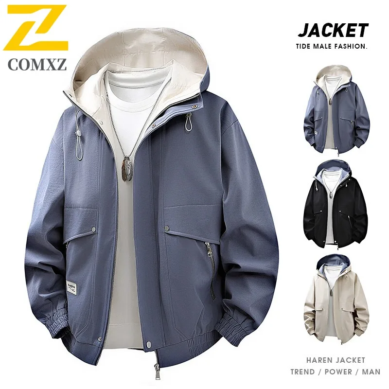 سترة رجالية كاجوال بغطاء للرأس من COMXZ للتسلق في الهواء الطلق، معطف مريح للدراجات النارية، تصميم لون نقي، سترة واقية خفيفة للربيع والخريف #3