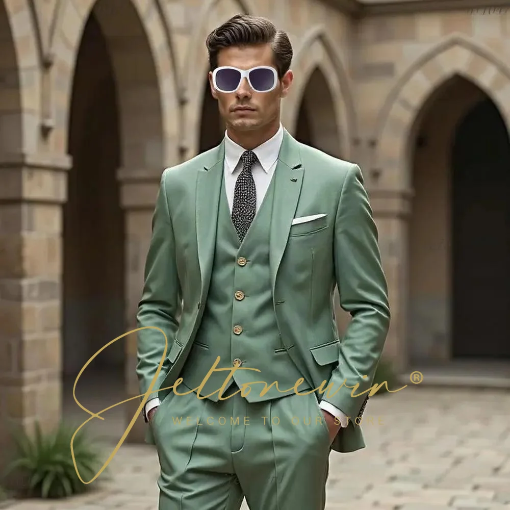 

Light Green Men's Business Suit 3-piece Suit Pants Vest Jacket Slim Fit Full Clothes Handsome Men's Suit Wedding Groom Tuxedo