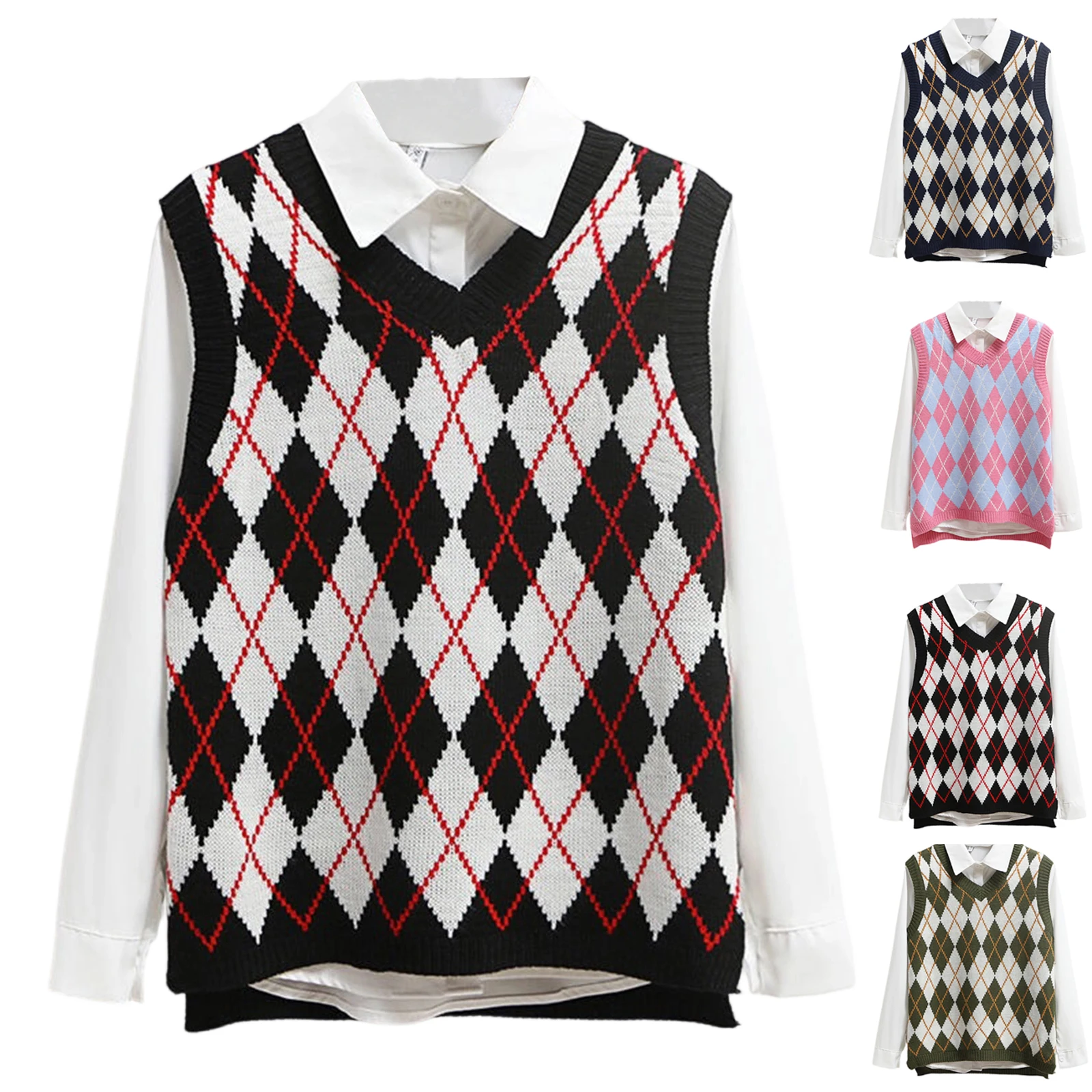 الخامس الرقبة فضفاضة كلية نمط محبوك سترة الماس شبكة سترة صوف من دون أكمام السيدات سترة أنيقة تحمل شعار لعبة البيسبول المرأة محبوك هوديي #2