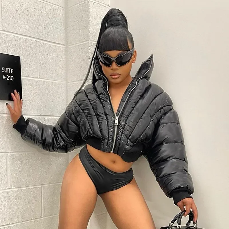 Vestes bouffantes à épaules larges pour femmes, vêtements d'extérieur, mode marron, taille haute, manteaux Slim, couleur unie, col montant court, vêtements chauds pour femmes