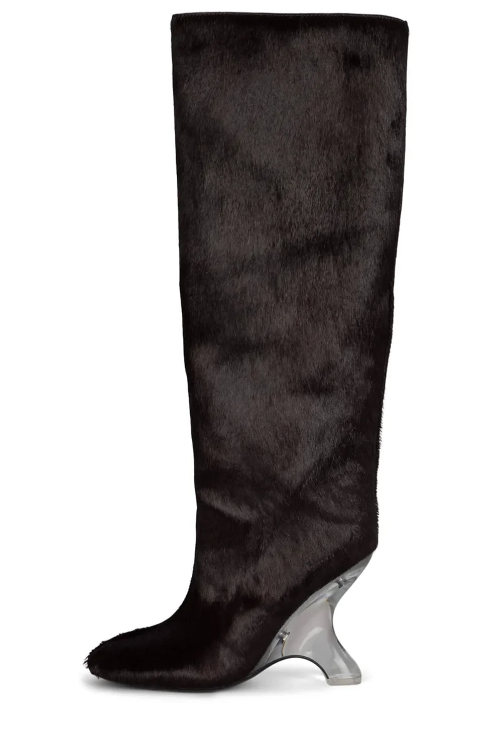 Women Black Knee High Boots Round Toe Unique Clear Heel Tall Boots Fluffy Fur Upper Fashion Boots for Club Party