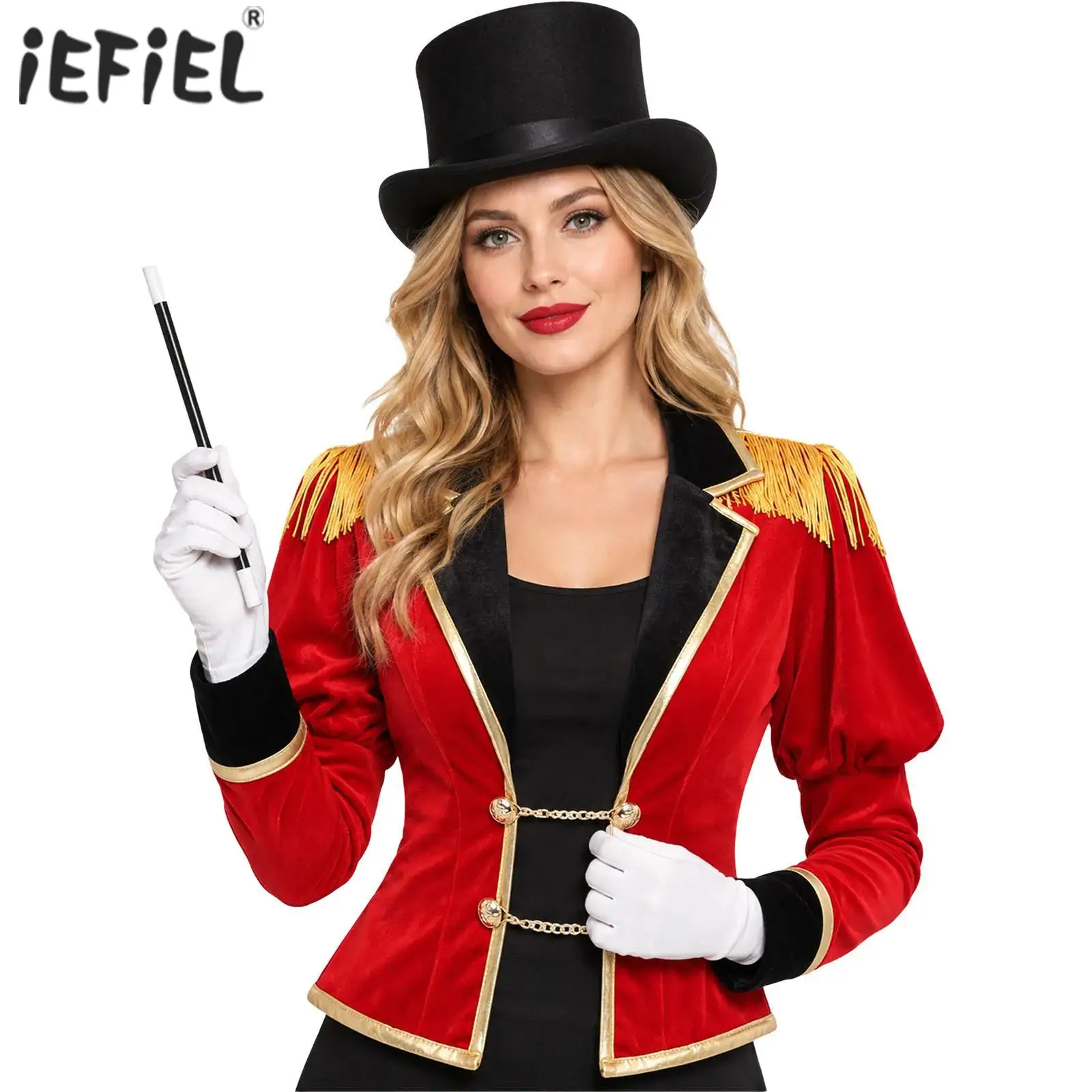 Disfraz de maestro de ceremonias de circo para mujer, con chaqueta de solapa, flecos, hombreras, cadena, botones y sombrero, guantes y varita mágica.