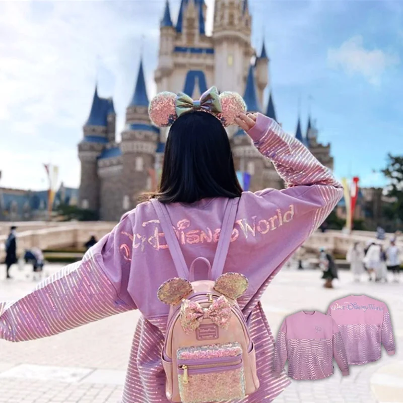 

Disney 50th Anniversary Mickey Embroidery Fleece Sweatshirt Women Disneyland Letter Shiny Sequins Loose Pullover Casual Jupmer