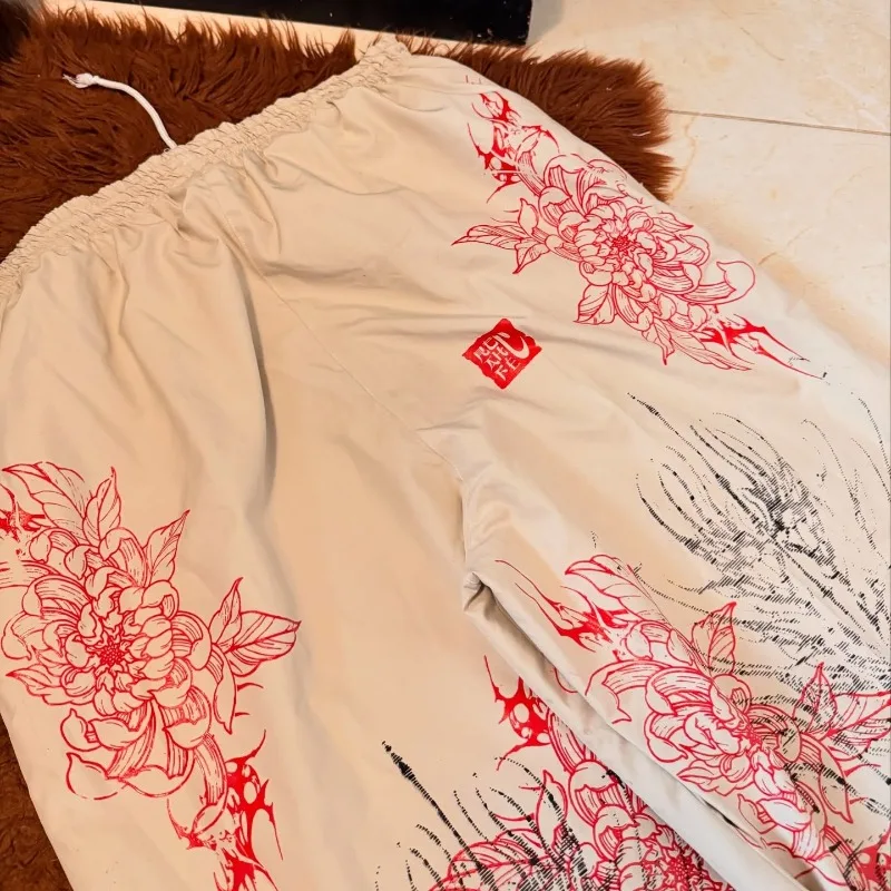 Harajuku Red Spider Lily Print Casual WideLeg Cargo Pants Japanese Unisex Street Fashion Loose Fit Comfortable Oversize Daily