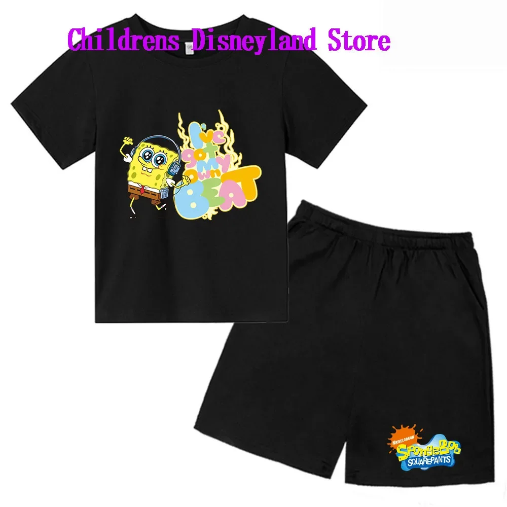 Spongebob Squarepants Spring And Autumn Children's Wear Boys And Girls T-shirt Set 2-piece Anime t shirt Sportswear Shorts boys