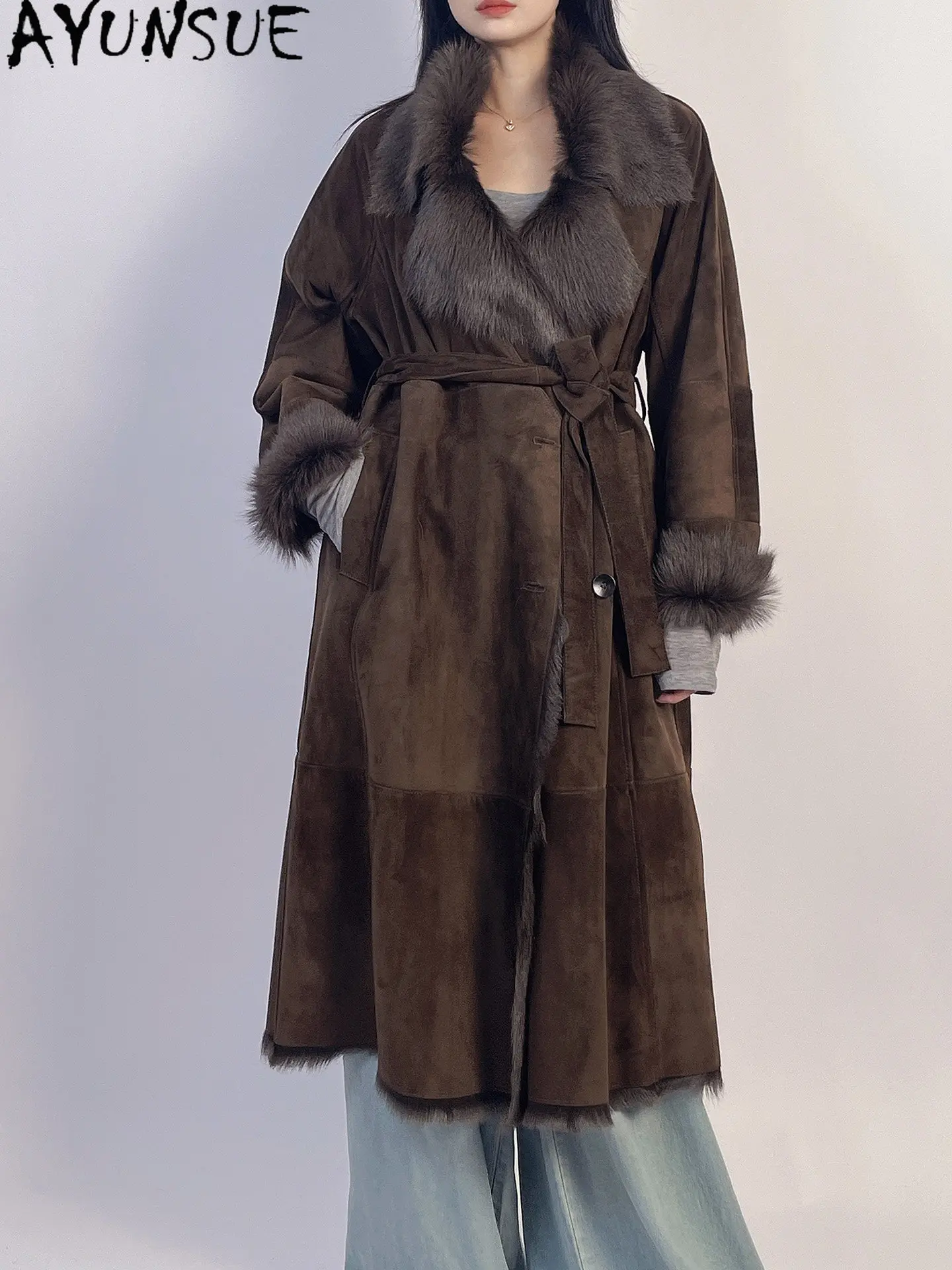 

AYUNSUE Женская шуба из натуральной козьей кожи, теплая зимняя куртка из натуральной кожи, длинное пальто для женщин, модная шуба женская