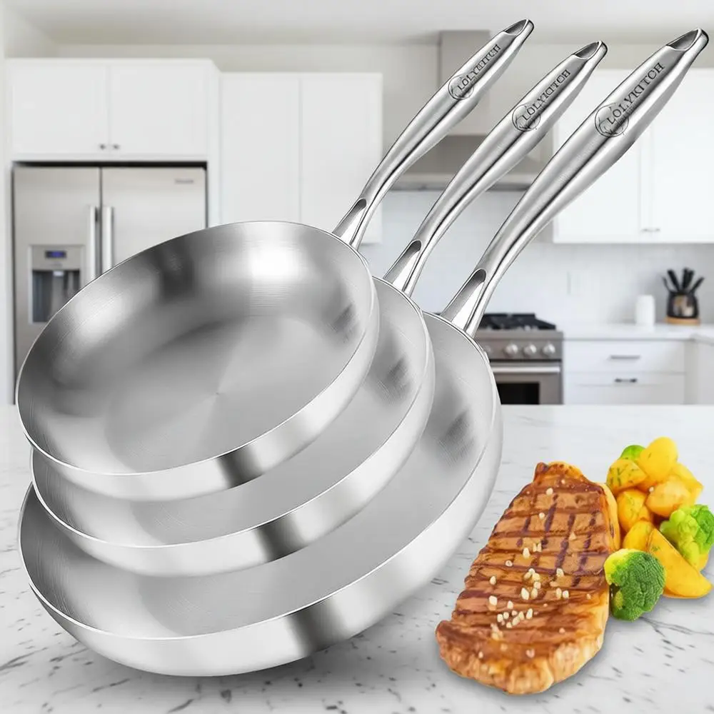 

3-Piece Stainless Steel Frying Pan Set, 8-12 Inch, Induction Ready, Suitable for All Stovetops, Dishwasher Safe