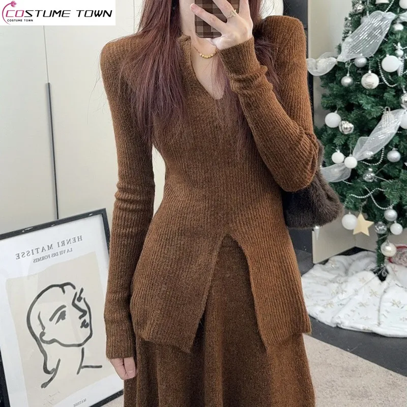 

Autumn and Winter New V-neck Knitted Sweater+High Waist Skirt Fashion Two piece Set