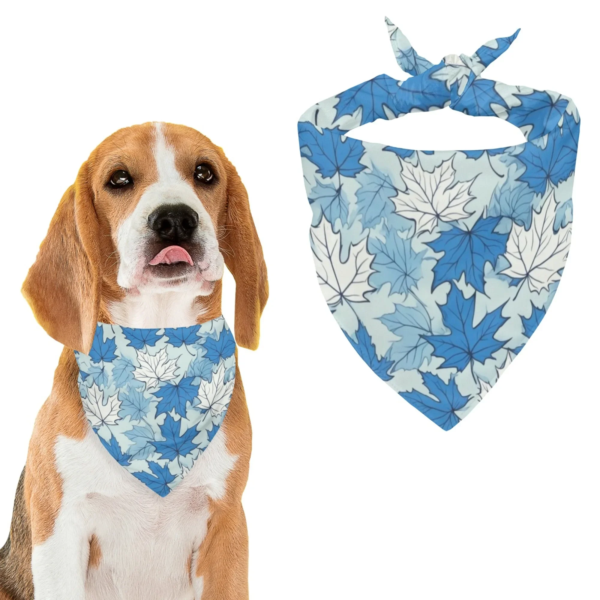 Schickes blaues Blatt – bedrucktes Hunde-Bandana: Haustierschal, elegante Ahornblatt-Motiven. Weiches, luftiges, Welpenzubehör zur Raffung