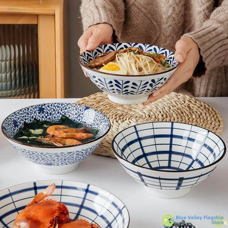 Tazón de cerámica de 7 pulgadas para fideos, estilo japonés comercial grande, tazón de pie alto, tazón tipo paraguas, tazón trompeta, tazón especial para uso doméstico