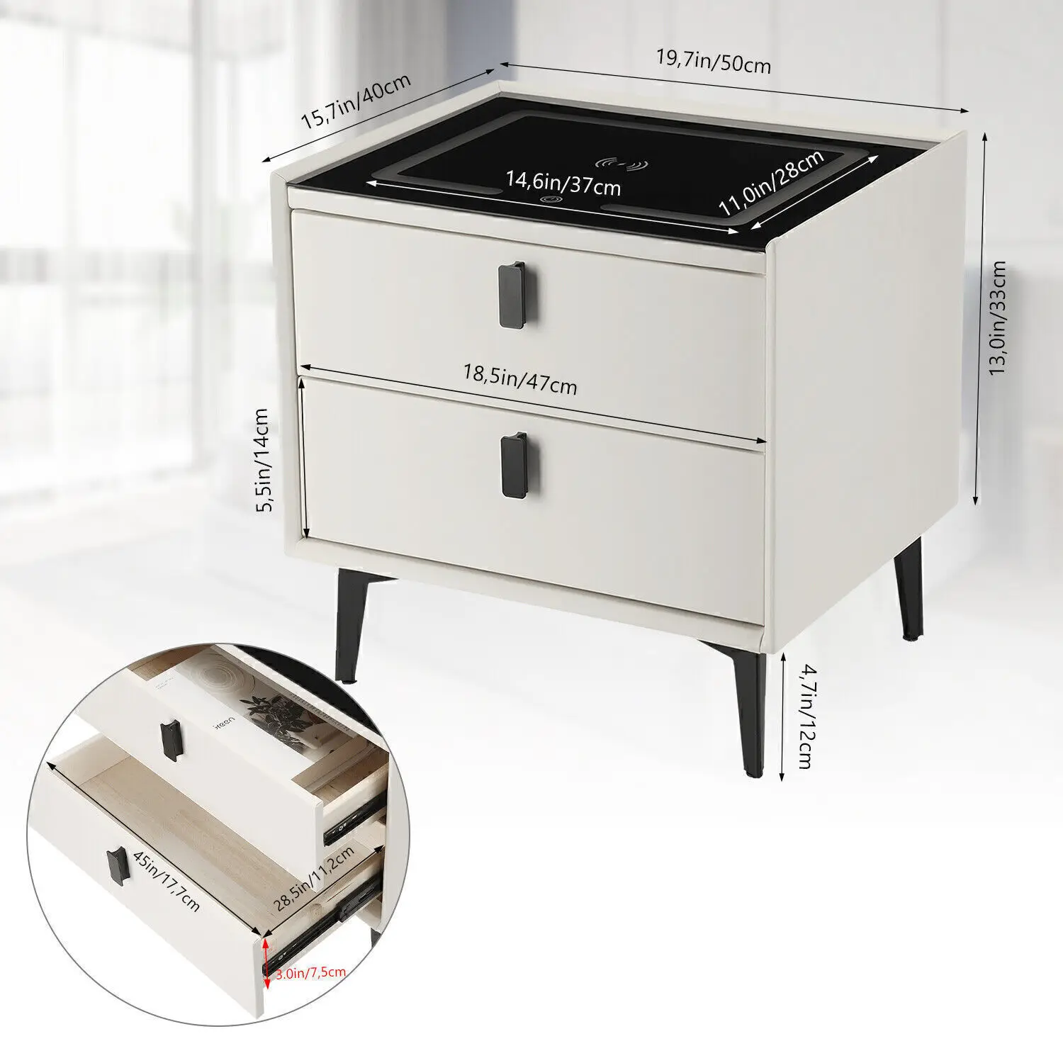 Glow Bedside Table with Wireless Charging & 2 Drawers — 8