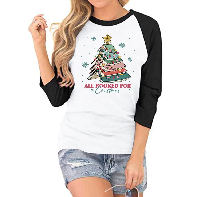 All Booked for Christmas T-Shirt Book Lovers Gift Christmas Seven-quarter Sleeve T-shirts Funny Christmas Book Lights Casual Top