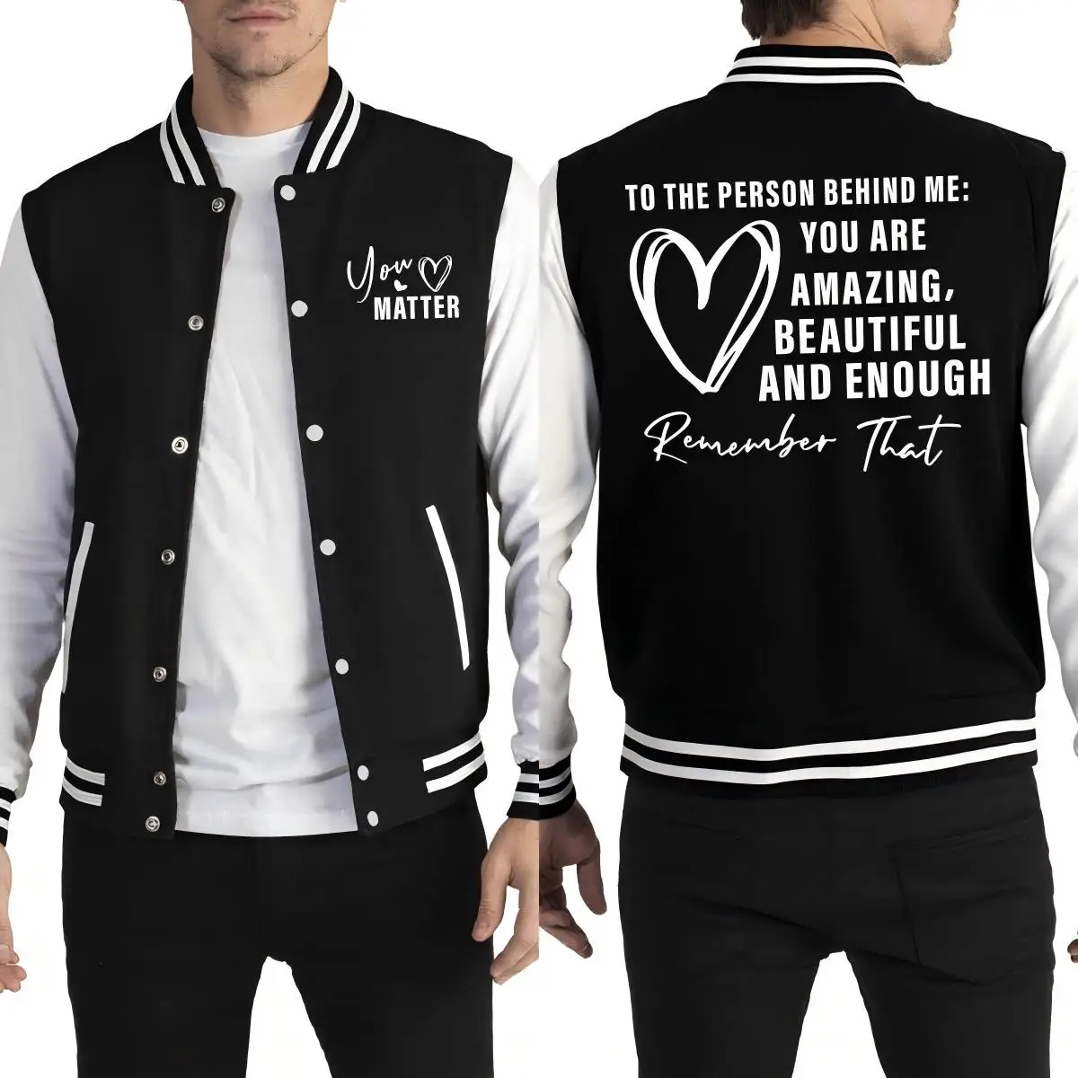 

You Are Amazing Beautiful And Enough Heart Print Jacket Men Loose Soft Baseball Uniform Autumn Casual Streetwear Pocket Clothes