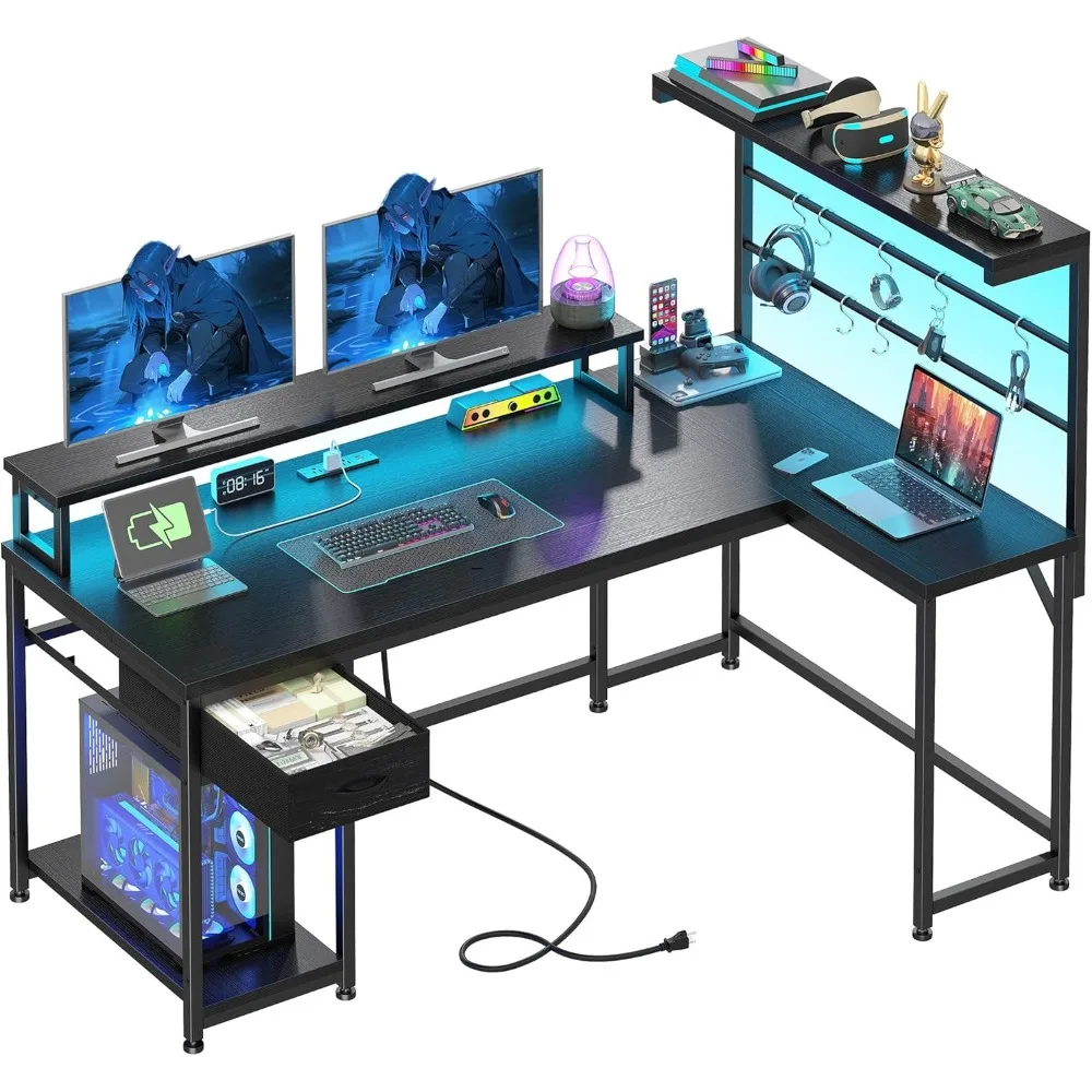 

53 Inch Computer Desk with Power Outlet, Gaming Desk with LED Light,Reversible Office Desk with Hutch & Monitor Stand, L