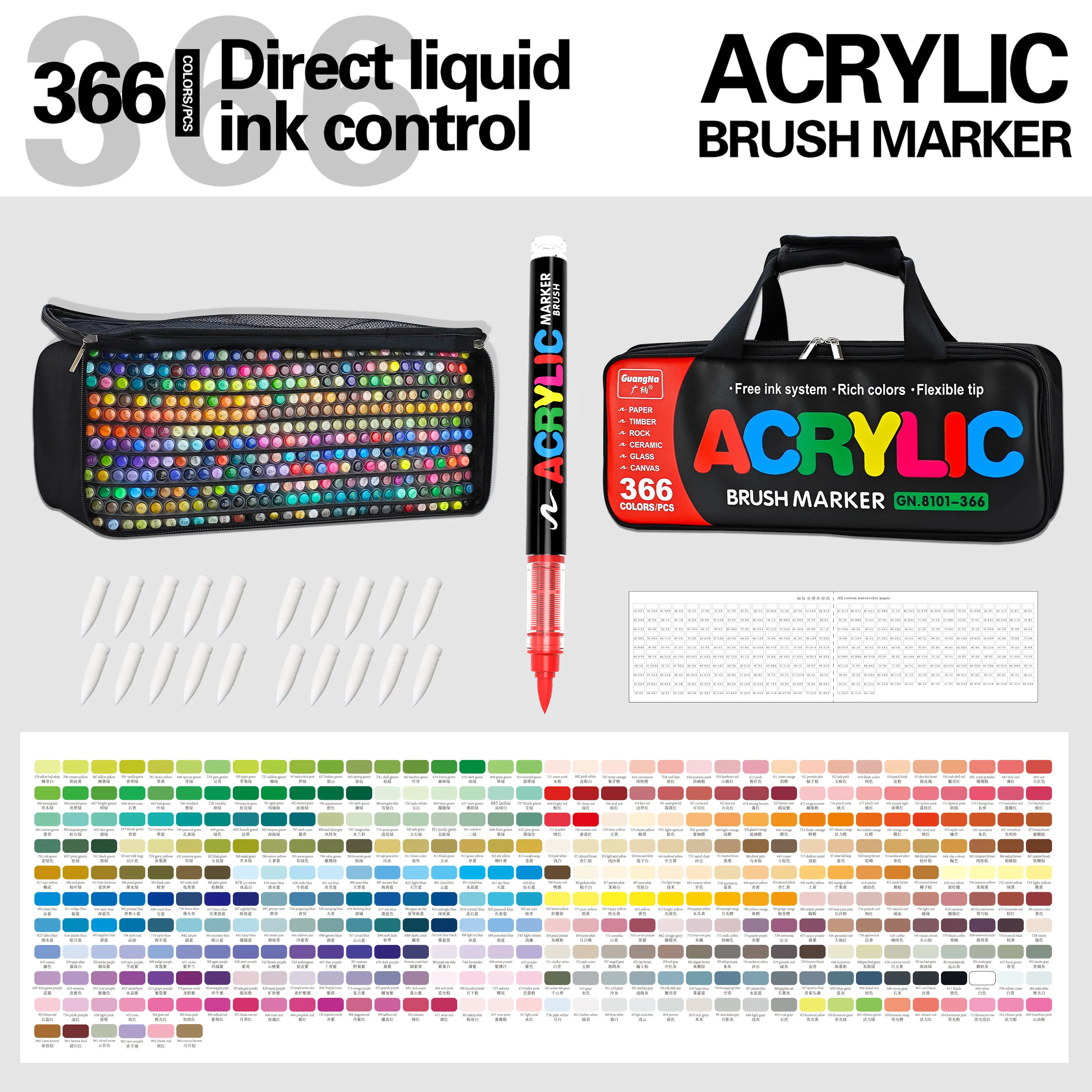 Guangna 366 Kleuren Acrylmarker Set met Draagbare Opbergtas |   Professionele verfpennen voor kunstenaars, canvas, en het schilderen op steen