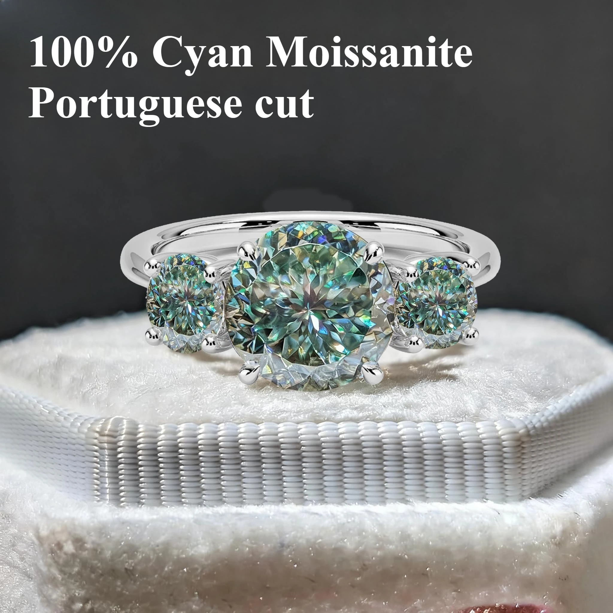 

Кольцо с 3 камнями из муассанита 4 карата, португальская огранка, цианово-сине-зеленый цвет, VVS1, женское кольцо в простом стиле, серебро 925 пробы, ювелирное изделие.