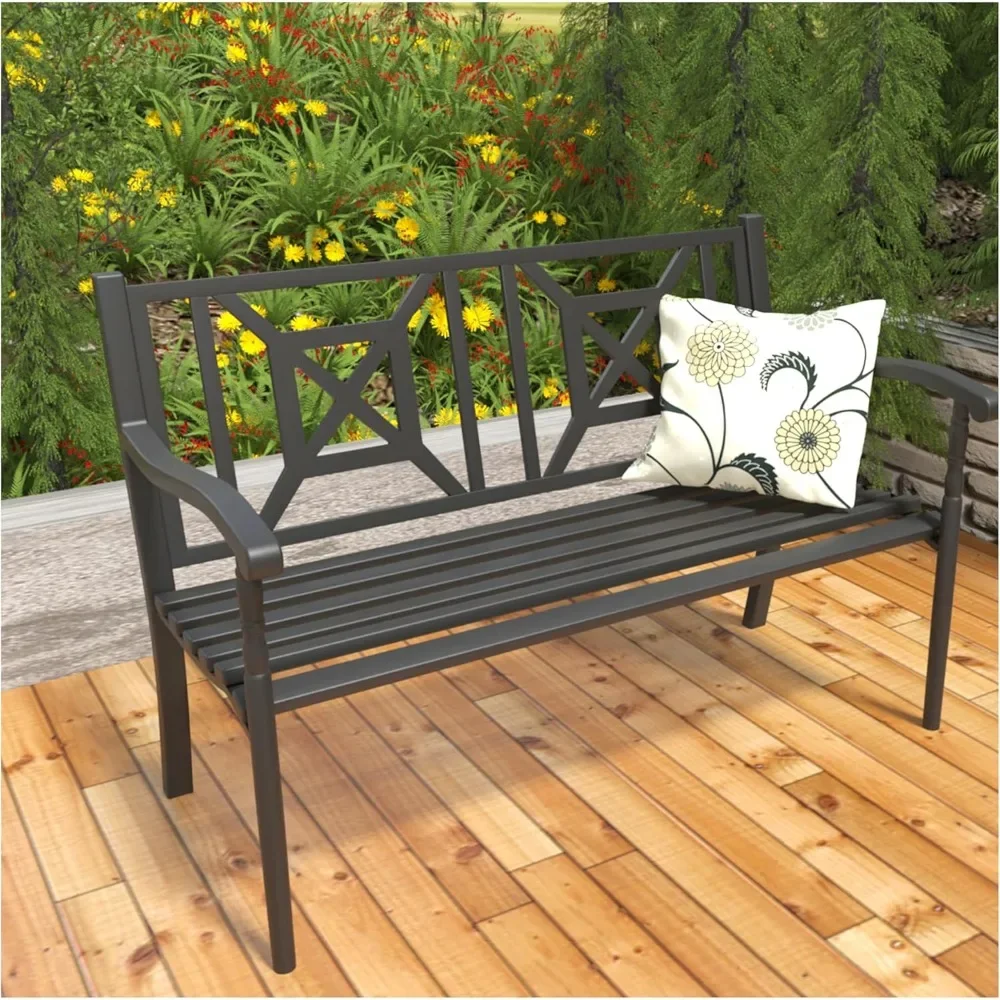 

Heavy Duty Iron Outdoor Bench - Weatherproof with Ergonomic Backrest & Armrests for Garden, Park, Patio, Porch, Lawn, Yard