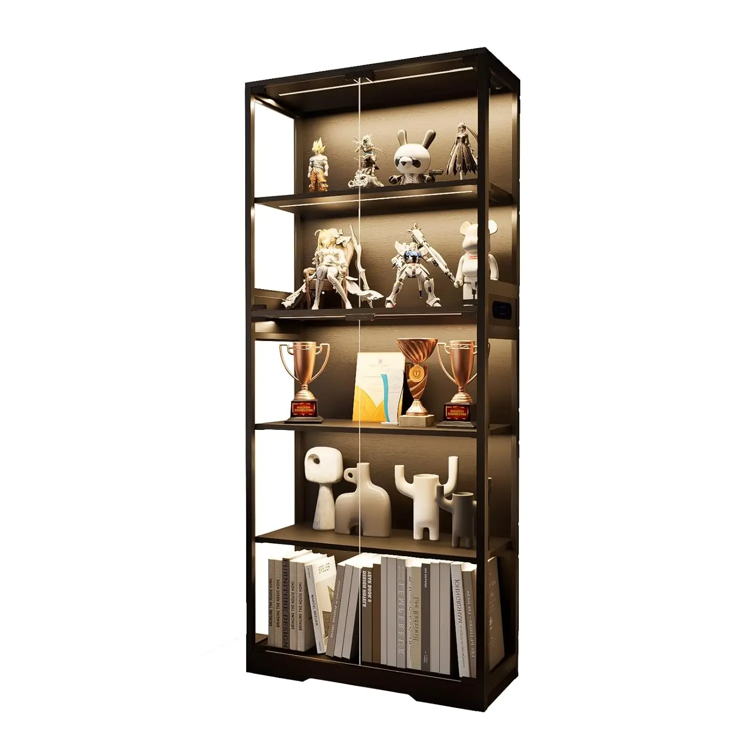 #Lighted Display Cabinet Human Body Sensor Curio Storage Living Room Iron-Wood Frame