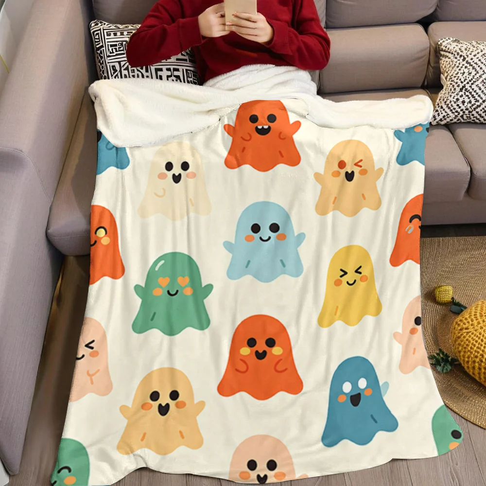 Colorful Cartoon Ghosts Flannel Blanket Warm Soft Halloween Christmas All-Season Couch Decorative Cozy Warm Gift