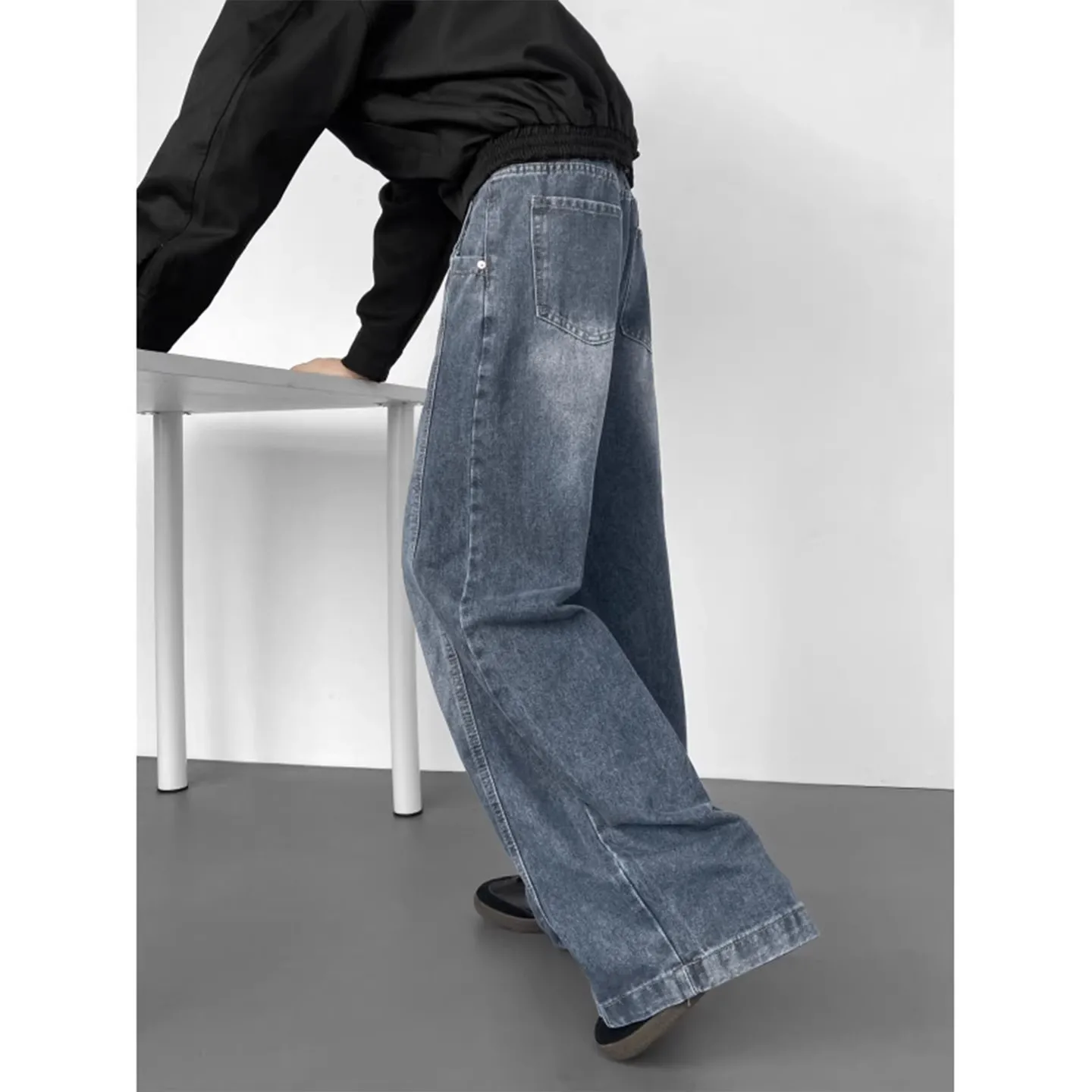 Four Seasons Fashion Men Solid Color Loose Simple Basic Casual Trendy Daily Wide Leg Jeans Pants Male Denim Trousers Clothes