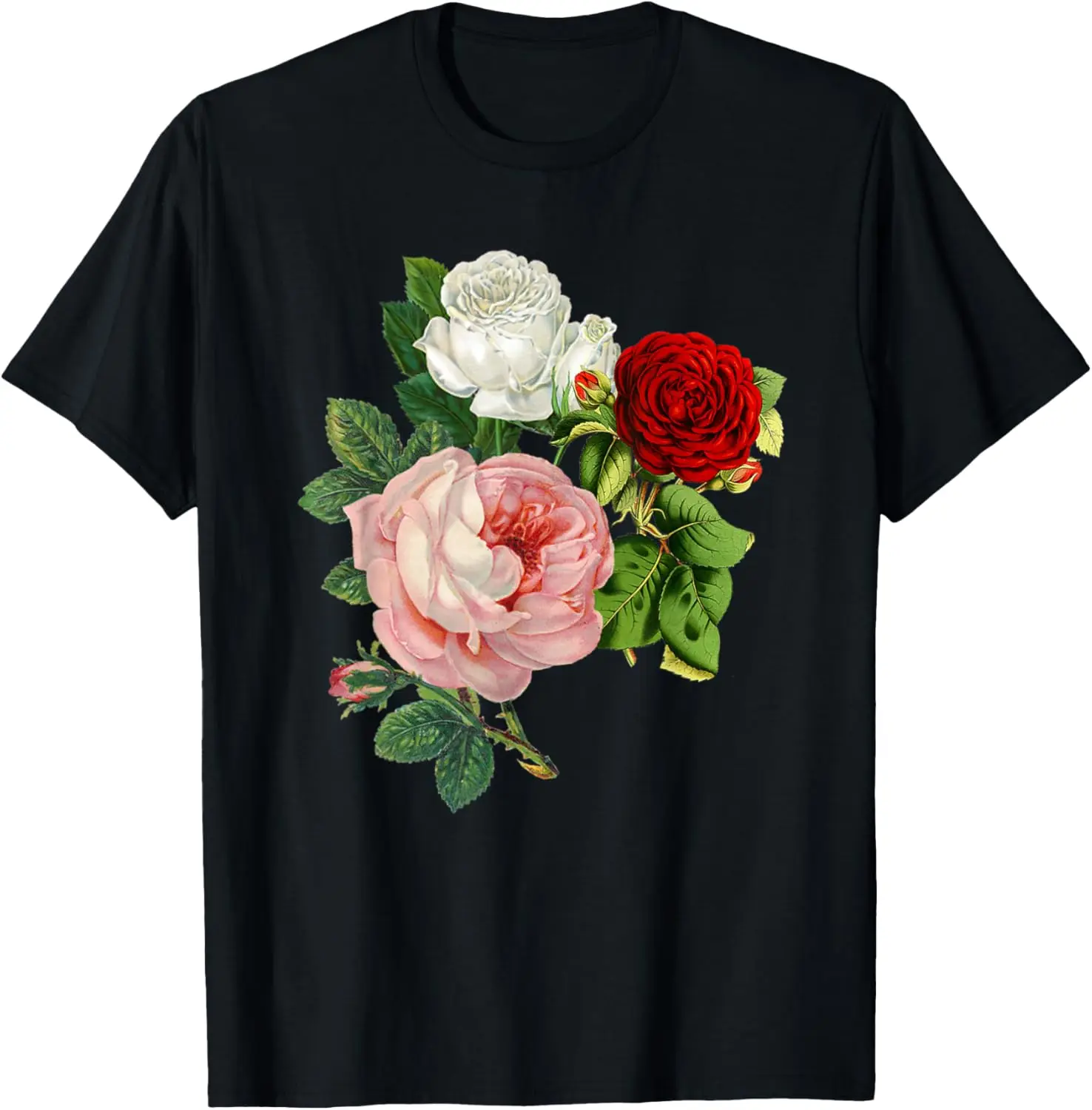 

Vintage Roses Floral Illustration Graphic T-Shirt Soft Cotton Short Sleeve Crewneck Tee for Blossom Lovers