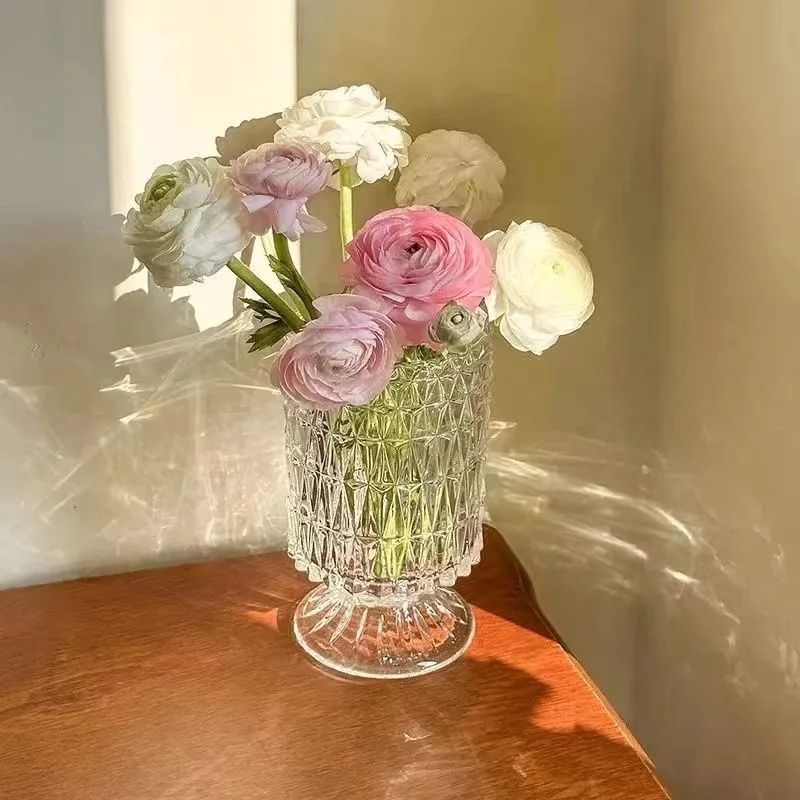 Sparkling Diamond Crystal Glass Vase High Footed Glass Cup Vase Nordic Retro Transparent Hydroponic Vase Art Flower Ware Decor