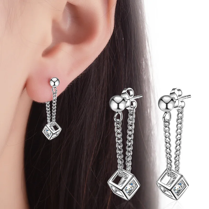 

Women's Fashion Cubic Pendant Drop Earrings Chain Tassel Shiny Zircon Simple Style Trendy Dangle Earring Accessories Jewelry